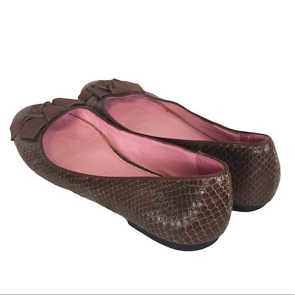 LILLY Pulitzer Brown Snakeskin Leather Ribbon Bow Slip On Ballet Flat - Picture 2 of 12